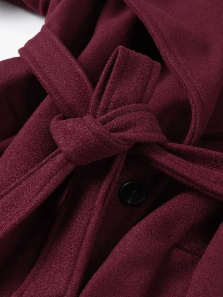 Elegant Womens Burgundy Woolen Overcoat With Belt Lapel Double Breasted Full Sleeve Long Coat 2025 Autumn Winter Lady OutwearT251101