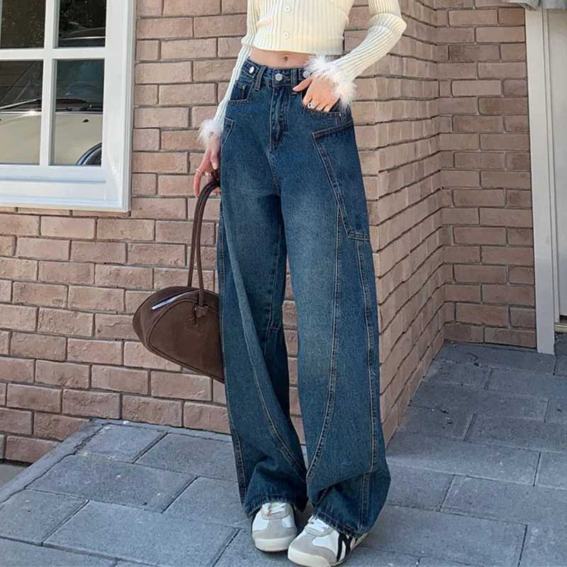 Autumn 2025 High Waist Slim Tapered Wide Leg Jeans Y2K Vintage Blue Denim Pants Dongdaemun Curved Hem for Women J251031