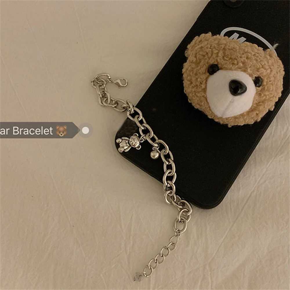 Silver plated lamp luxury womens bear pendant tag charm silver bracelet retro thick chain hip-hop bracelet jewelry Y250329