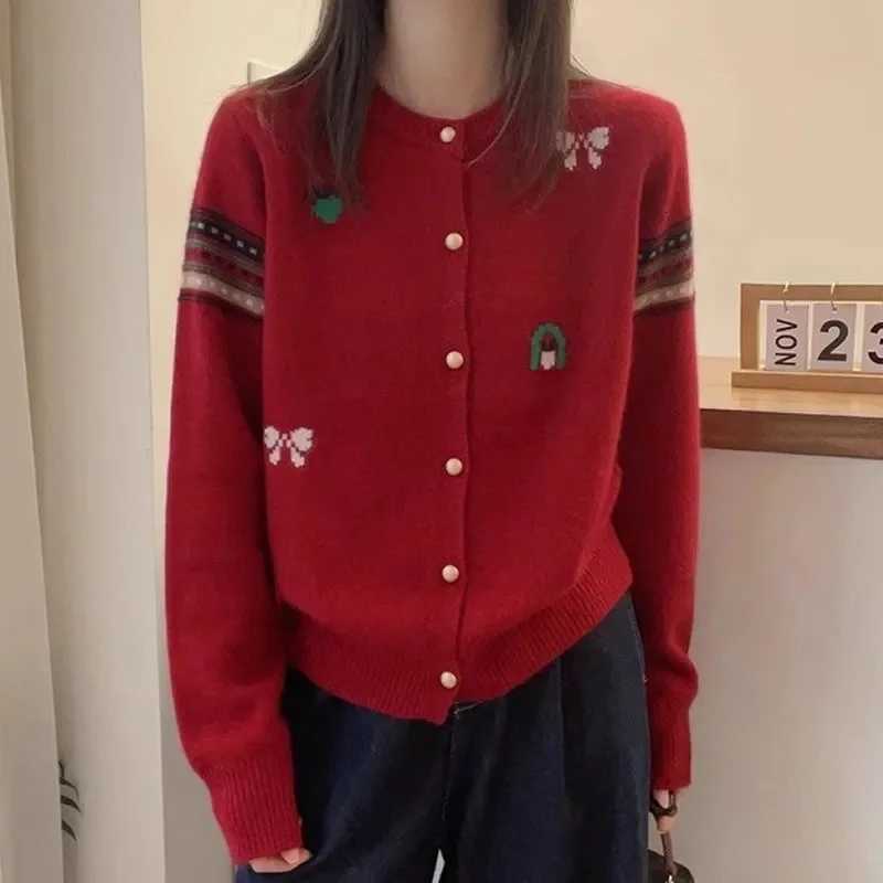 2025 Women Fashion Long Sleeves Knitted Coat Autumn Lady Casual Embroidery Sweater Jacket Korean Female Round Neck Knit CardiganT251101