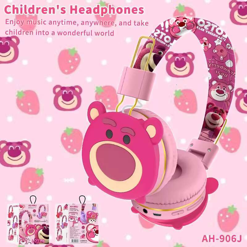 AH-906J Strawberry Bear Children Gifts Cute Headsets with Mic 40MM Drivers Cartoon Wireless Headphone for Kids Girls