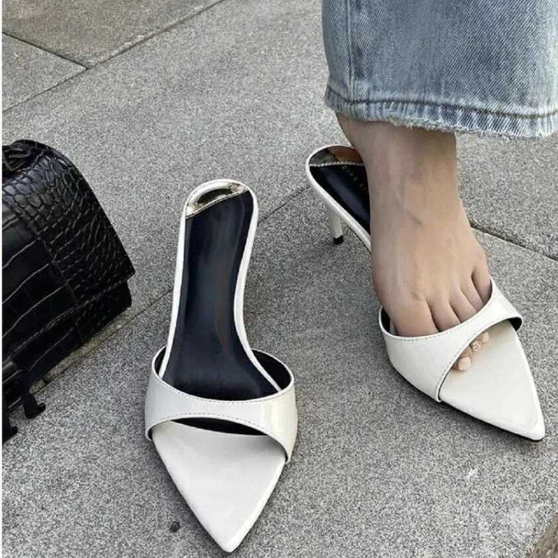 2025 Summer New Pointed Toe High Heels Womens Patent Leather Sandals Single Shoulder Strap Thin Wedge Black Paradigm Simple Design Z250401