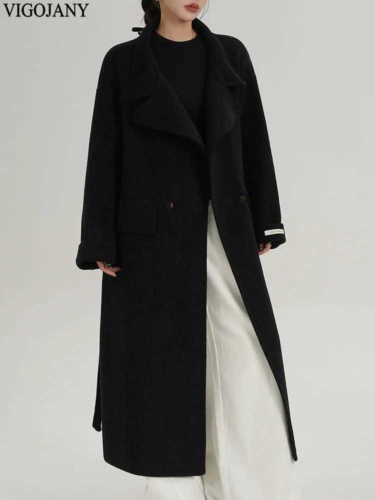 Winter Women Elegant Nature 100 Wool Long Coat 2025 Stand Collar Loose Cashmere Jacket Autumn Lady Black Casual Woolen CoatT251101