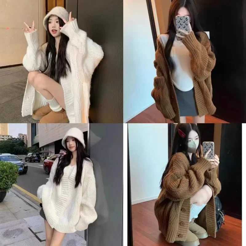 2025 AutumnWinter New Solid Color Thick Vneck Loose Knitted Cardigan Korean Sweet Sweater Fashion Warm Womens Knitted JacketT251101