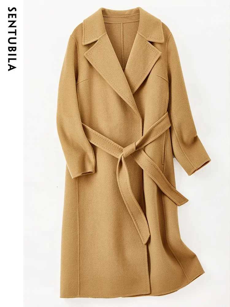 SENTUBILA Women 100 Wool Long Wrap Coat 2025 Elegant Notched Collar Belted Warm Double Faced Woolen Winter Overcoat W24O43352T251101