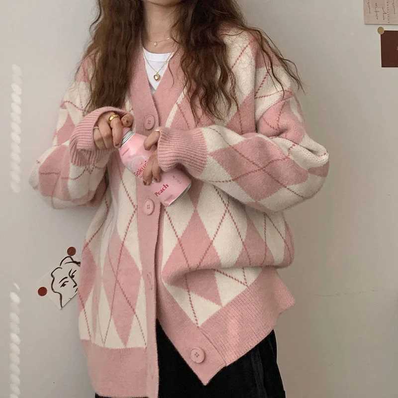 Cardigan Women Knitted Sweater Argyle Loose Sweater Single Breasted Student Lovely Knitwear Korean Oversize Cardigan Winter TopsT251101