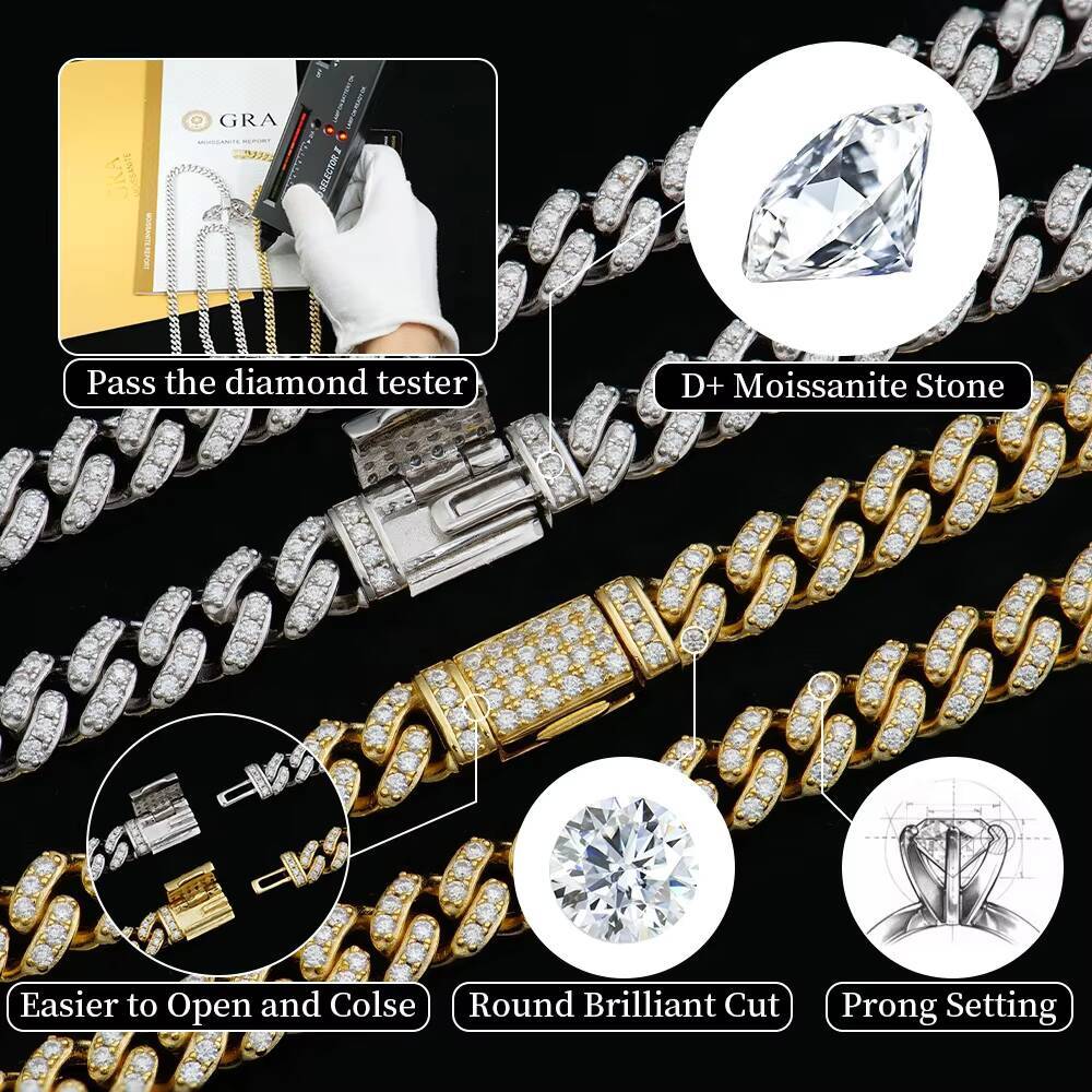 Custom 624mm Men Micro Luxury Fine Jewelry Necklaces Set Vvs1 Moissanite Hiphop Miami Cuban Link Chain in Sterling Silver 925