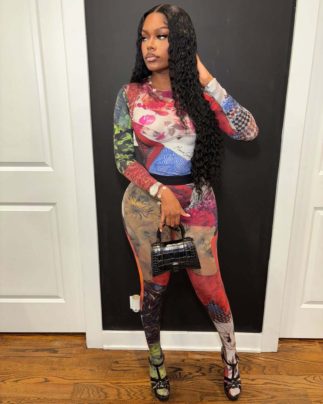 New Fashion Color Contrast Printed Trendy Stretch Pants Long Sleeve Round Neck Top Set For Women