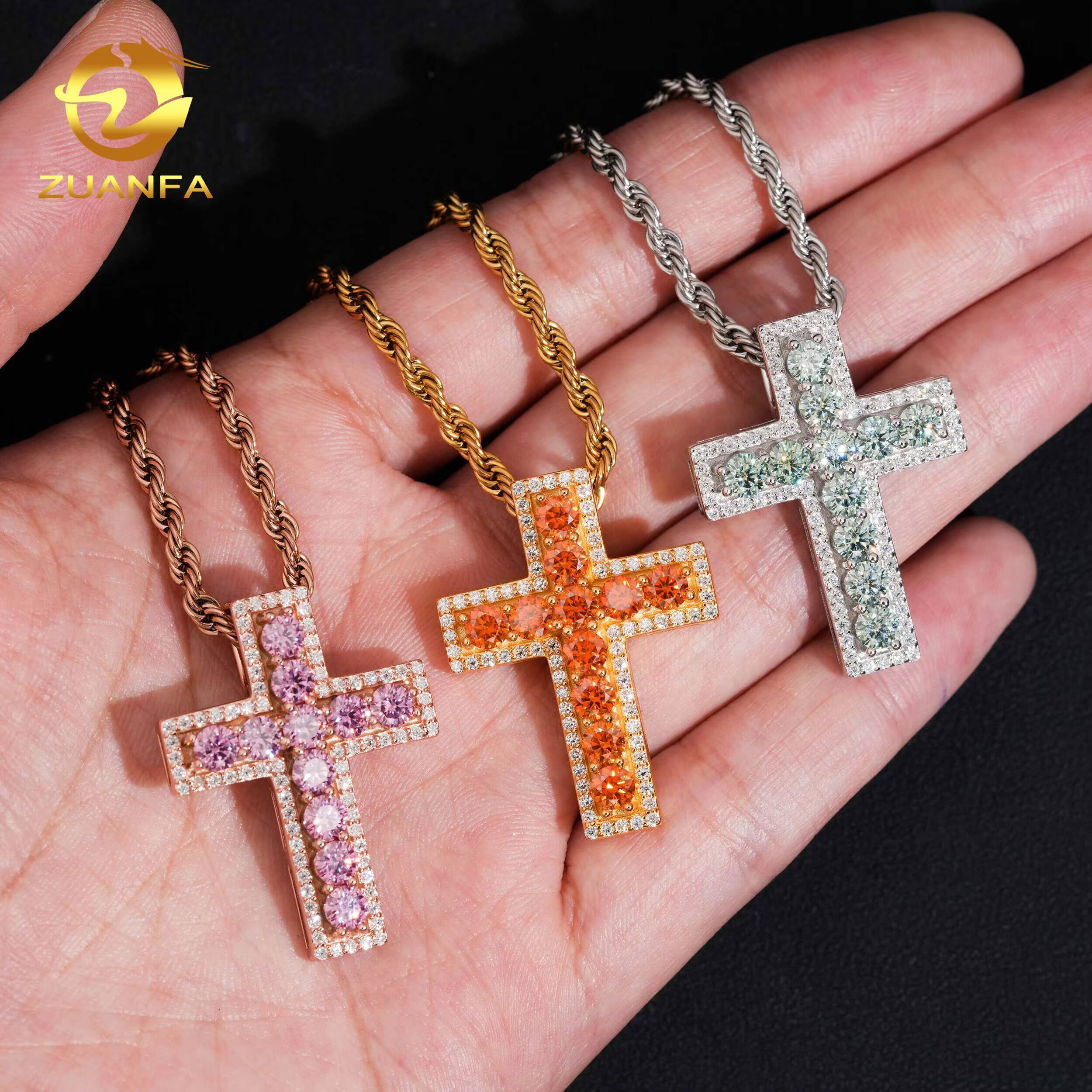 Ready to Ship Color Moissanite Hip Hop Jewelry Cross Iced Out Pendant Sterling Silver 925 Moissanite Charm Pendant