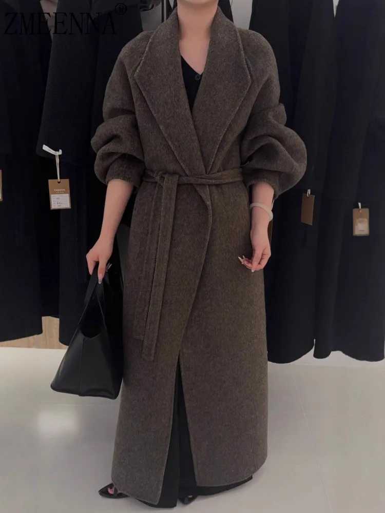 ZMEENNA Long Wool Blend Coat For Women With Oversized Lapels And Tie Belt Stylish And Elegant Winter Outerwear ZM4032T251101