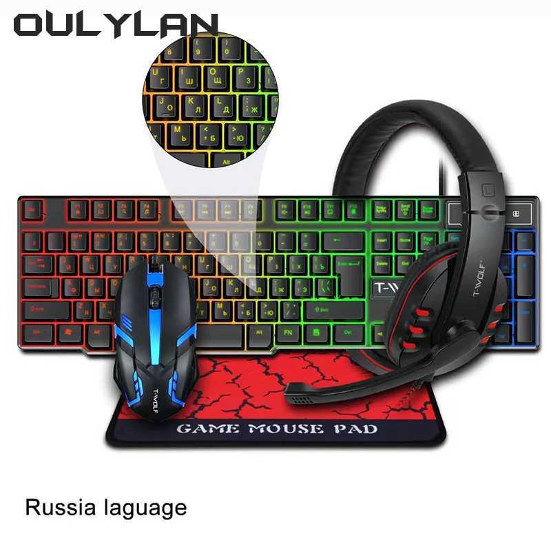 Oulilan T-WOLF 4-in-1 keyboard and mouse head set mouse pad wired gaming home office computer accessories illuminated keyboard z250401