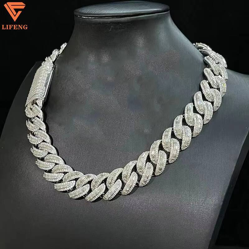 Baguette Moissanite 18mm Necklace Fine Jewelry VVS Iced Out Moissanite Pass Diamond Test 925 Silver Hip Hop Cuban Link Chain