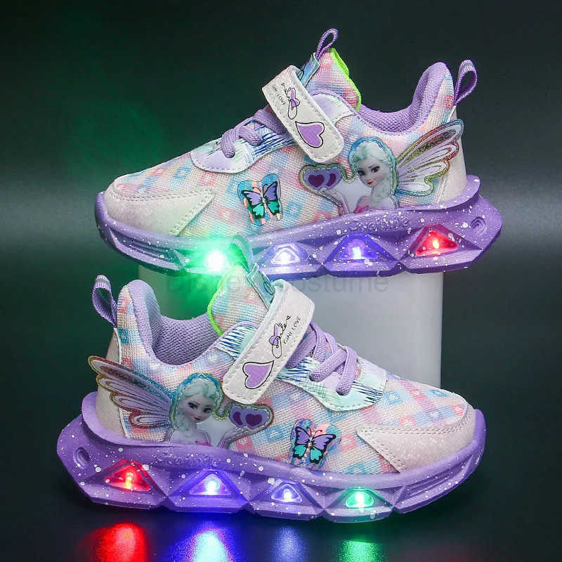 Disney Childrens Sports Shoes Led Lights Sneaker Cartoon Frozen Princess Elsa PU Leather Girls Pink Childrens Running Shoes H251101