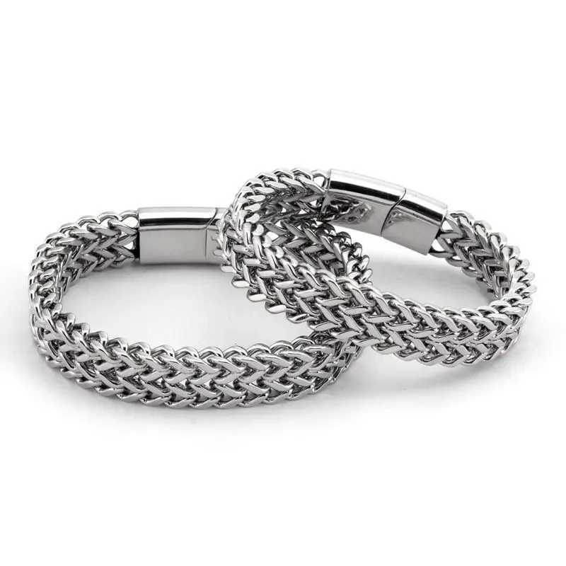 Stainless steel woven double row metal bracelet with magnetic buckle mens personalized hip-hop rock party punk jewelry Y250329