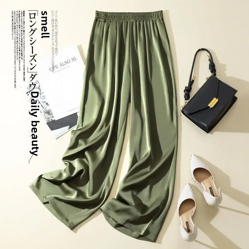Womens High Ice Silk Draped Bell Bottoms Slim Fit Straight Leg Pants Smooth Acidic Silk Face Trousers Spring Summer Autumn250324