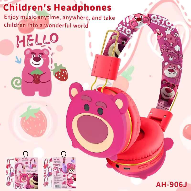 AH-906J Strawberry Bear Children Gifts Cute Headsets with Mic 40MM Drivers Cartoon Wireless Headphone for Kids Girls