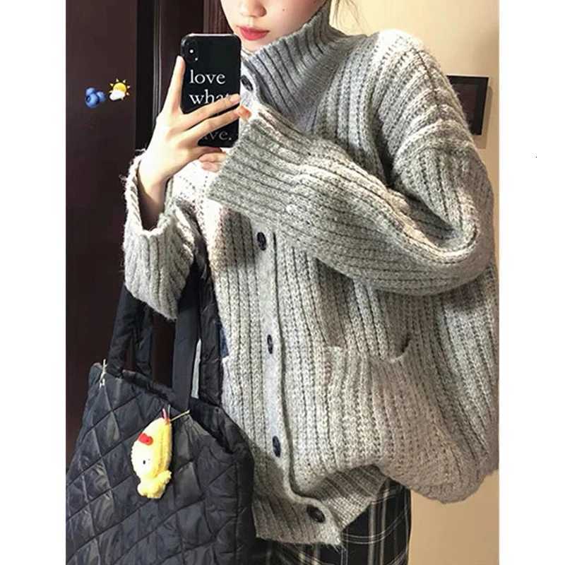 Loose Lazy Sweater Women Twist Fashion Knit Autumn Winter Warm Cardigan Harajuku Stand Collar Gray Vintage Female JumpersT251101