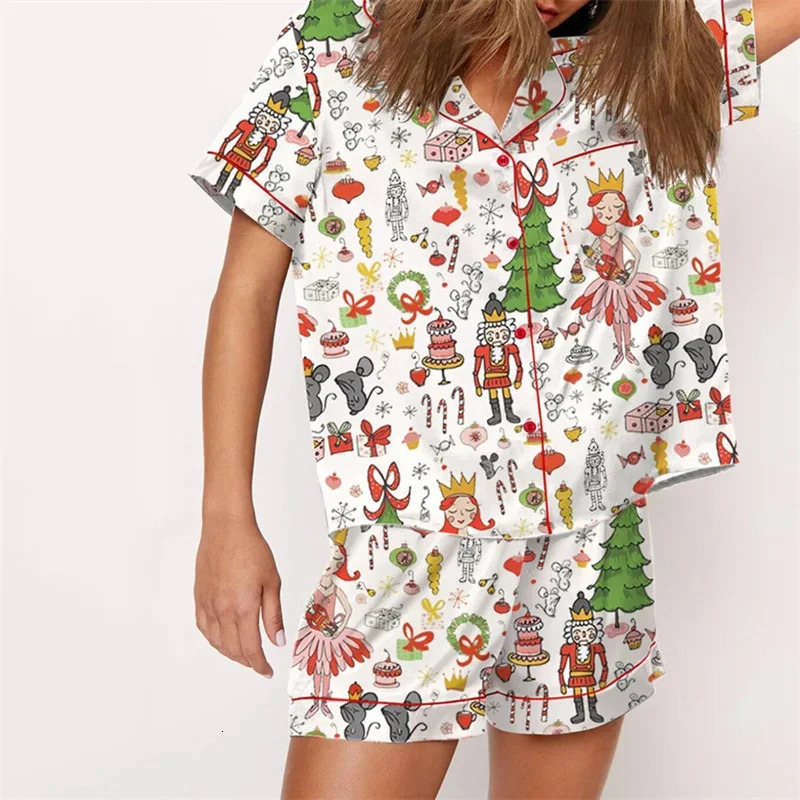 Nutcracker Pajamas Women Christmas Pajama Set Short Sleeve TopsElastic Waist Shorts Santa Claus Avatar Print Sleepwear Outfits 251031
