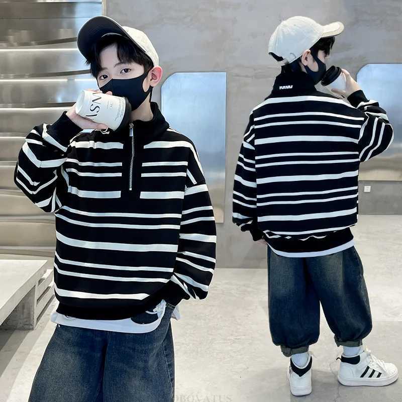 Fashion Casual Childrens Sweatshirt with Half Zipper for Big Boys Black White Striped Turtleneck Hoodie Kids Spring Autumn WearT251101