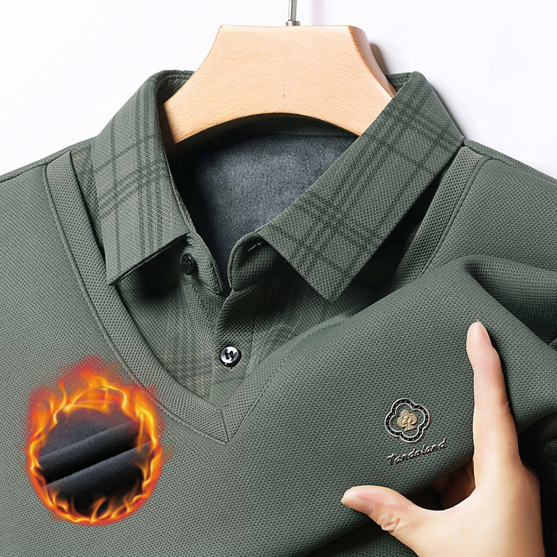 Winter New Fake Two-piece Long Sleeve T-shirt Designer T-shirt Men's Business Casual Fleece Lined Thickened Turn-down Collar Plaid Polo Shirt Top