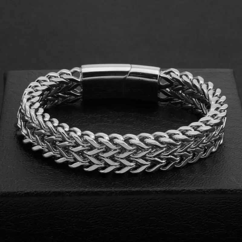 Stainless steel woven double row metal bracelet with magnetic buckle mens personalized hip-hop rock party punk jewelry Y250329