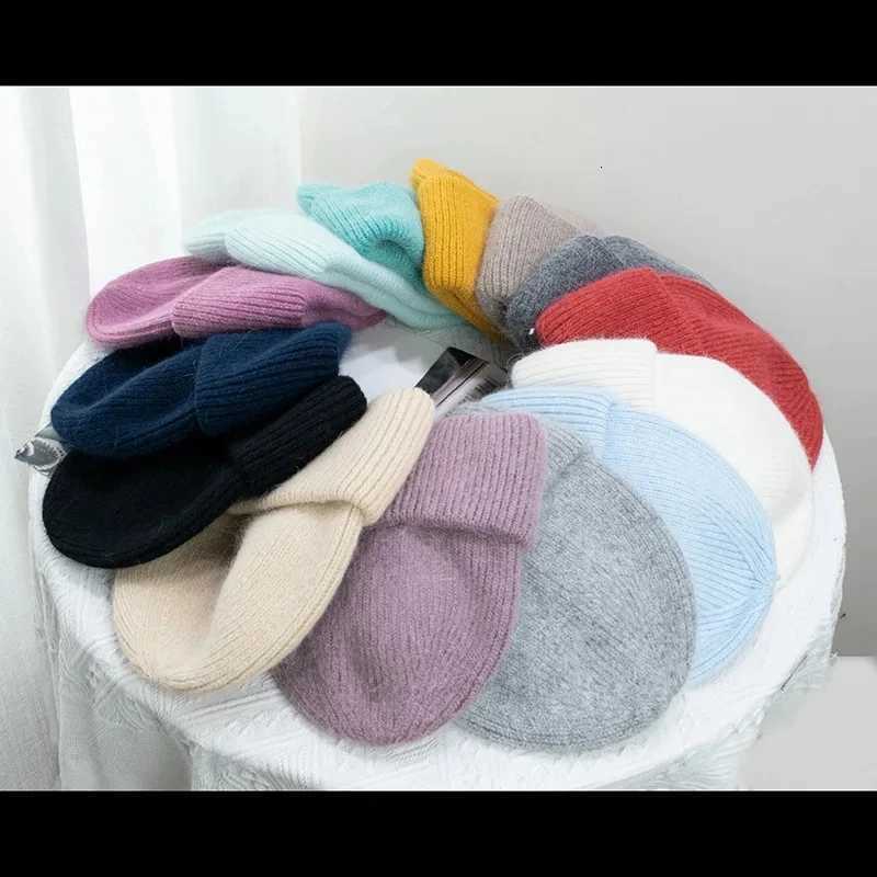 Fashion Warm Cashmere Wool Skullies Cap Angola Rabbit Fur Winter Knitted Beanies Women Female Ski Outdoor Solid Color HatsXJ251101