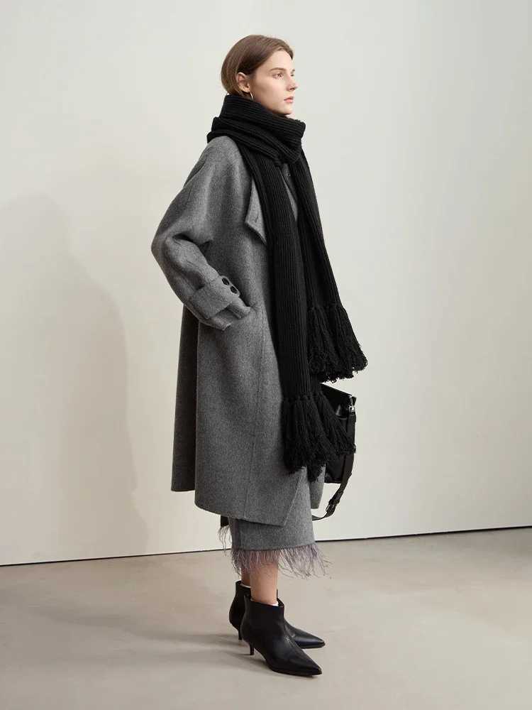 AMII Minimalism 100 Wool Doublesided Woolen Coat for Women 2024 Winter Commuter Raglan Sleeve Loose Long Outerwear 12424063T251101