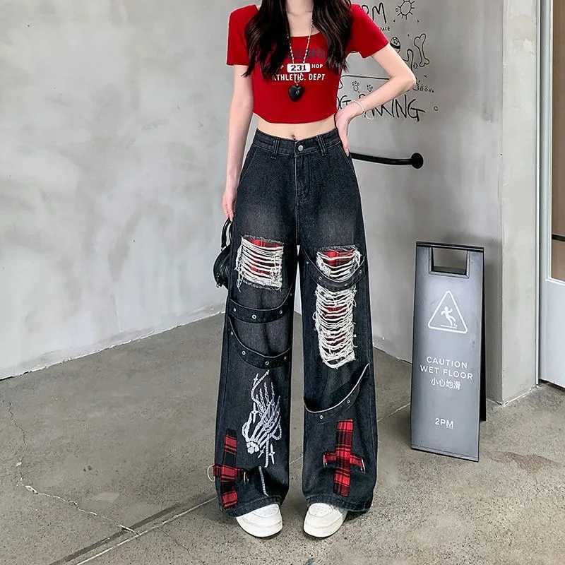 American Retro Heavy Industry Hollow Hole Jeans Women Street Design Loose Straight Wideleg Pants High Waist Slim Mopping Jeans J251031
