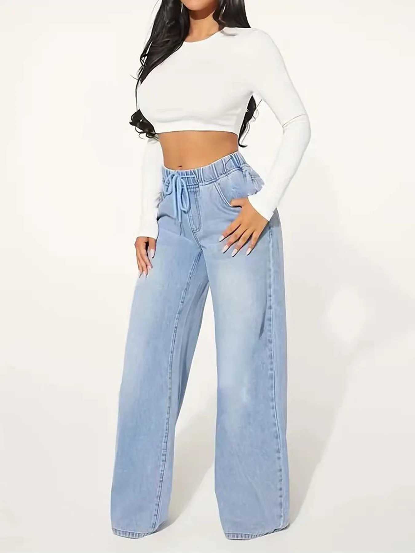 New Womens Fashionable Casual Straight Leg Jeans with Drawstring Washed Denim Versatile Jeans for Daily Use J251031