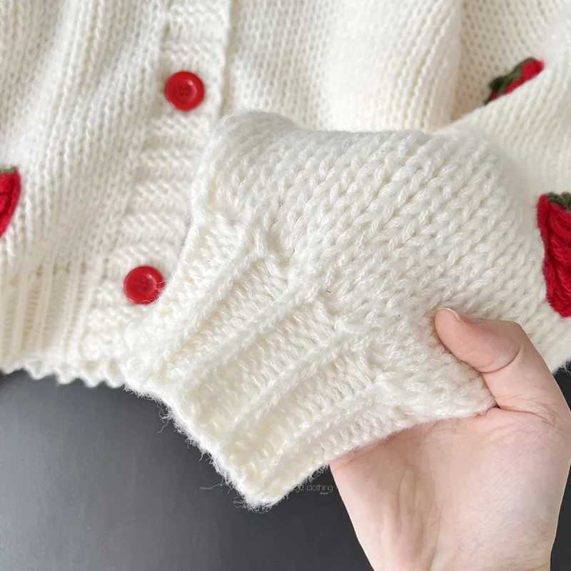 Fashion age reduction threedimensional embroidery strawberry jacquard knitted cardigan soft waxy skin Vneck sweaterT251101