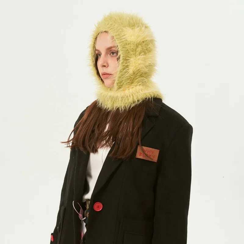 New Wool Blended Plush Balaclava Hat Contrast Color Fluffy Knitted Hat Women Winter Retro Neck Protector Mask Skullies BeaniesXJ251101