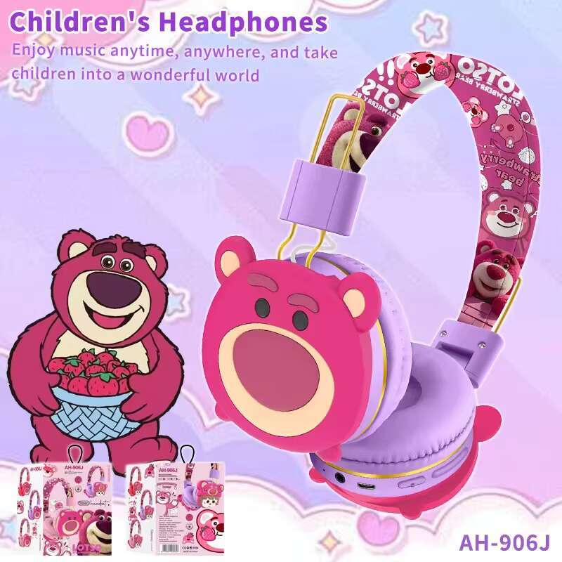 AH-906J Strawberry Bear Children Gifts Cute Headsets with Mic 40MM Drivers Cartoon Wireless Headphone for Kids Girls