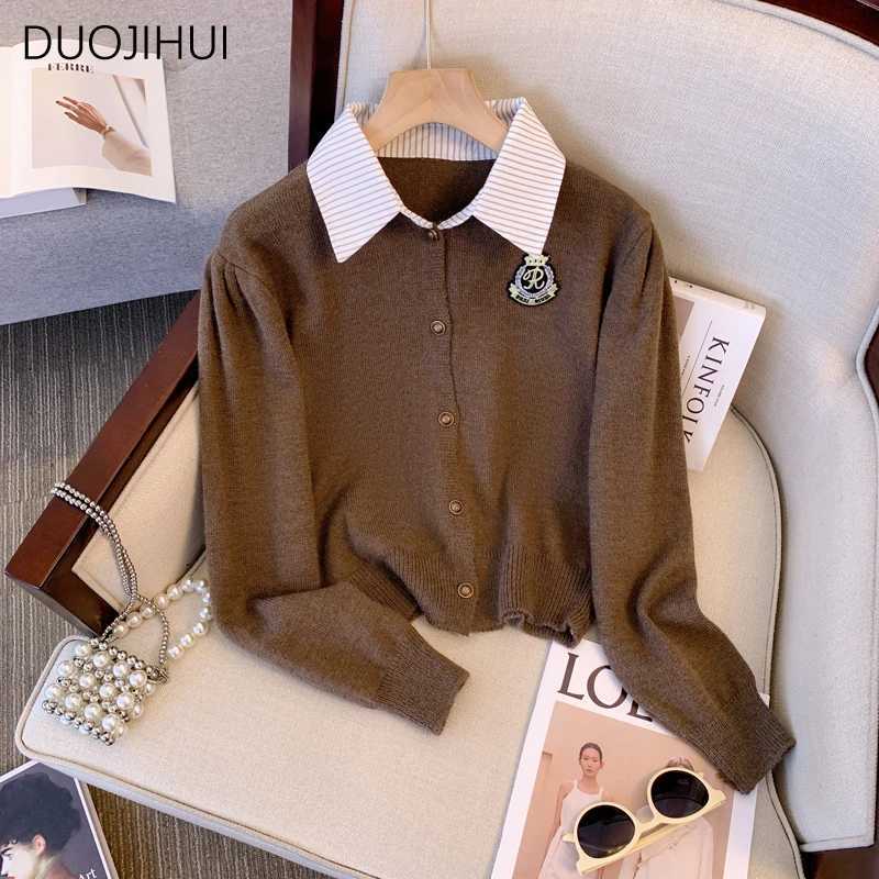 DUOJIHUI Polo Neck Fake Two Piece Sweater Women Cardigan Basic Simple Casual Spell Color Fashion Single Breasted Female CardiganT251101