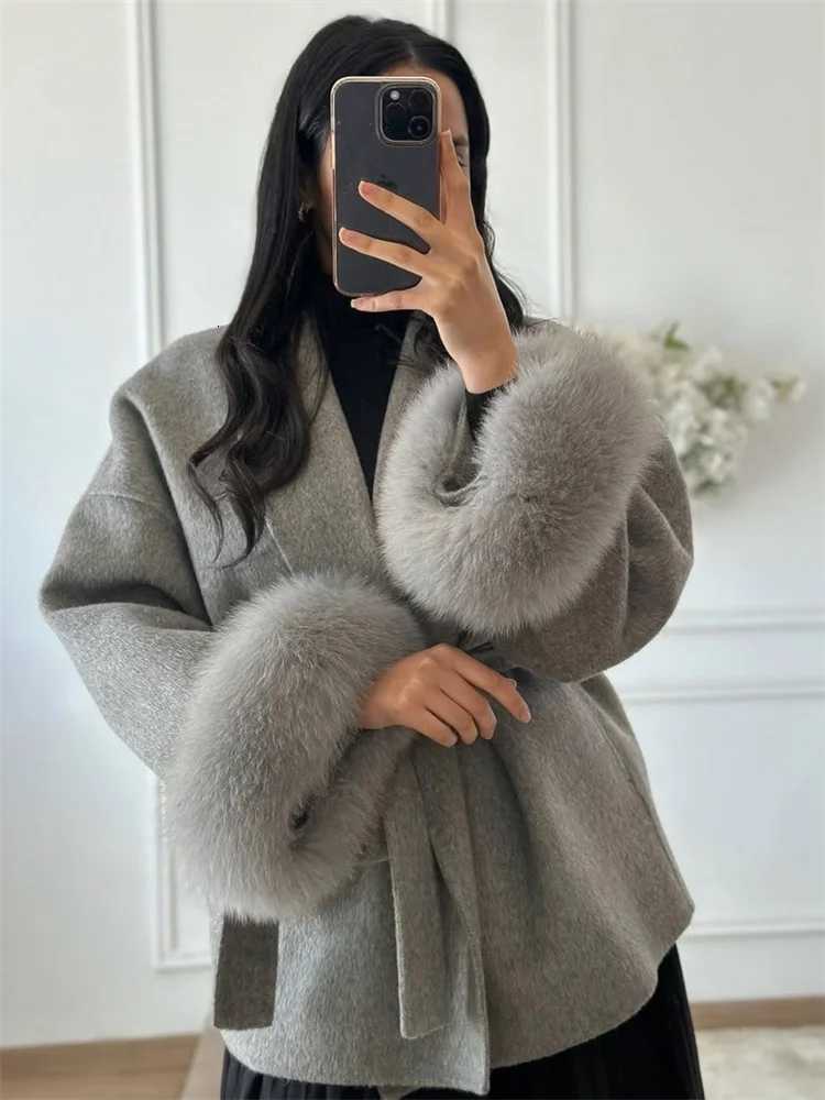 Tossy Fox Fur Wool Overcoat Womens Short Coat Office Lady Elegant Doublesided Woolen Coat 2025 New Cardigan Jackets Loose WoolT251101