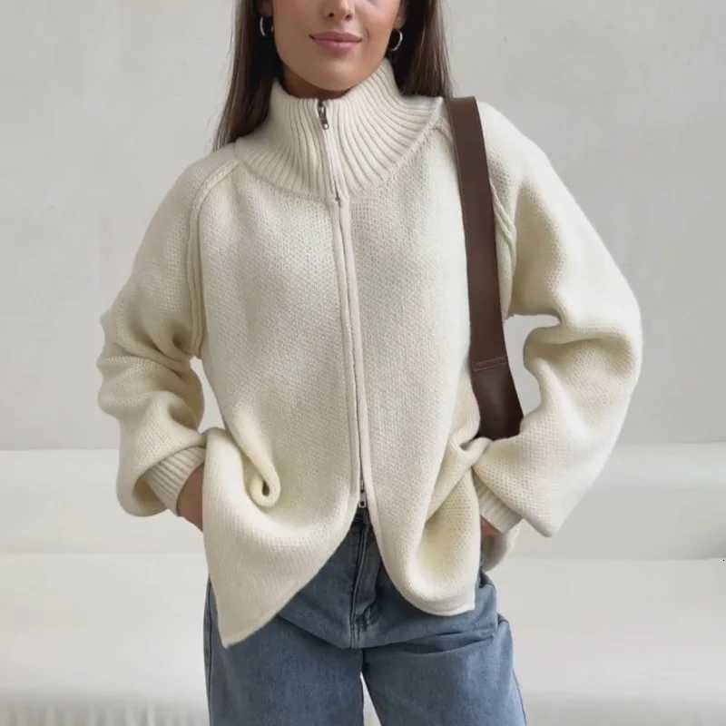 European and American Solid Color Stand Collar Knitted Cardigan for Women Autumn Winter New Thickened Zipper Sweater Coat TopT251101