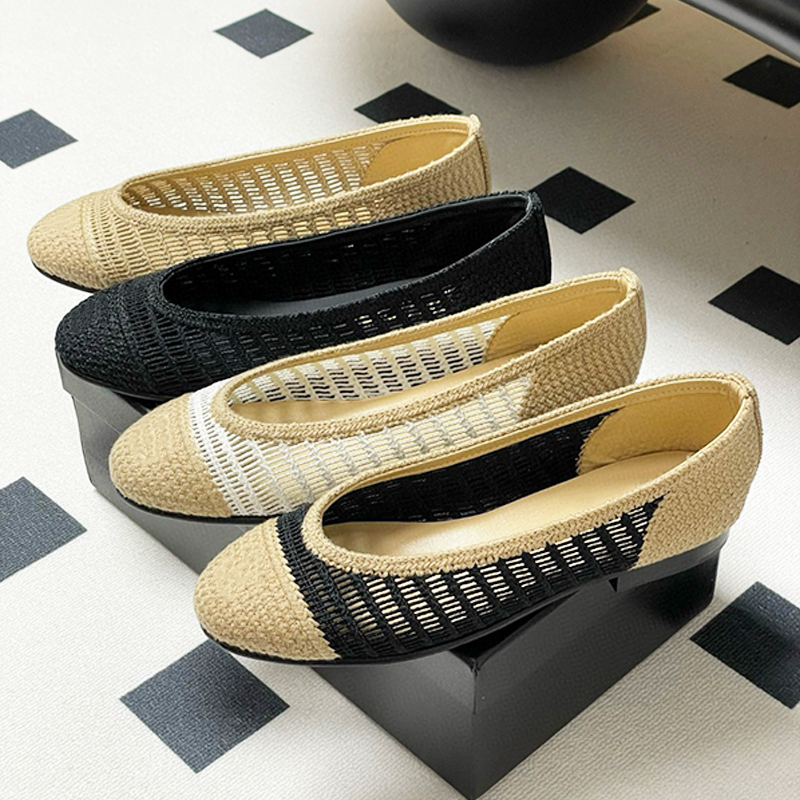 Top Designer Pumps Women Ballet Flats Hollowed Espadrilles Sandals Woven Flat Mules Mesh High Heel Breathable Dress Shoes 784