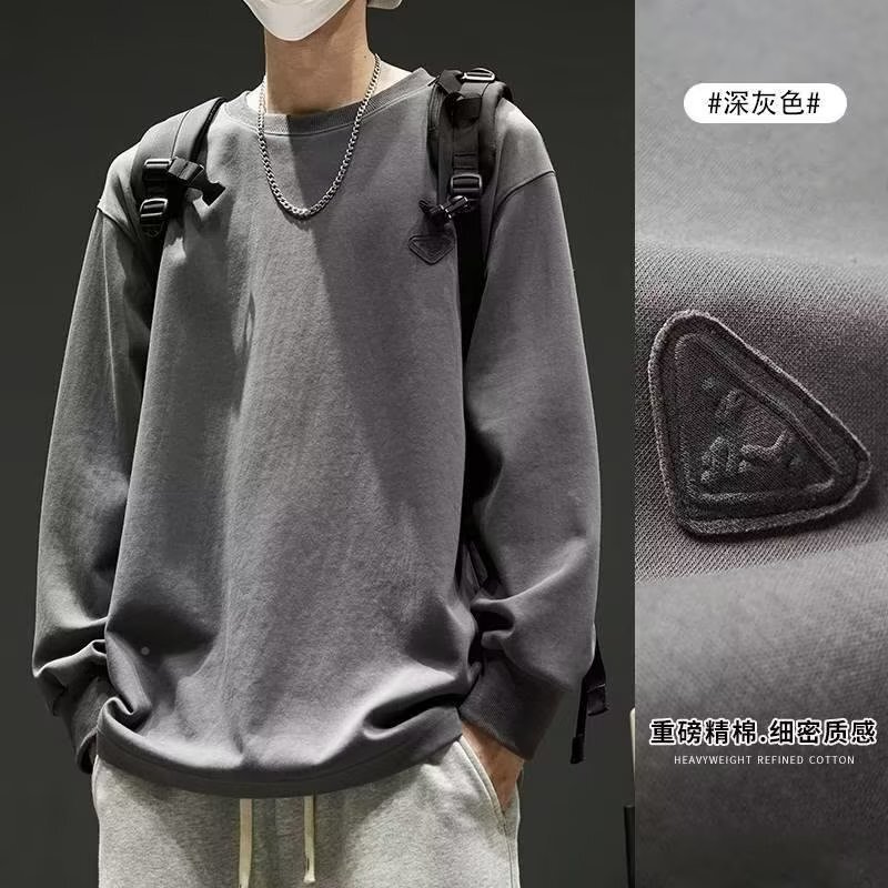 Long Sleeve T-shirt For Men National Trend Hong Kong Style Heavyweight Crew Neck Base Shirt Designer T-shirt New Spring And Autumn Solid Color Pullove