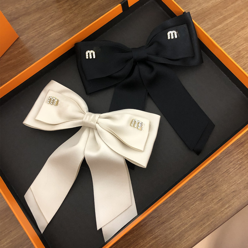 Designer's new ribbon bow spring clip rhinestone letter hair accessory fabric duckbill clip small fresh straight clip