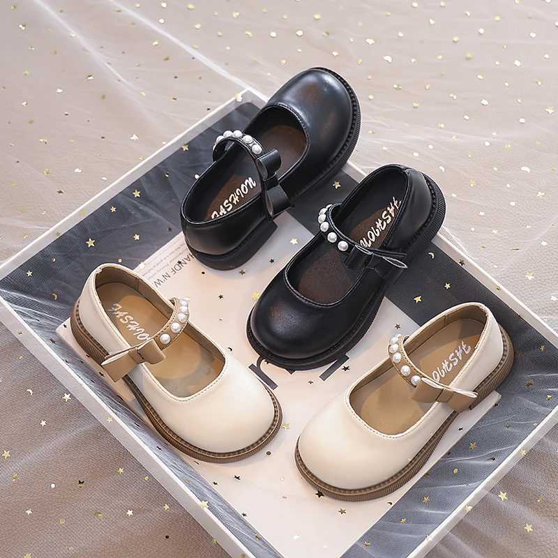 Beaded Strap Leather Shoes for Girls 2025 New Autumn Toddler Dress Shoes with Bow Soft Sole Elegant Girls School Mary Jane FlatsT251101
