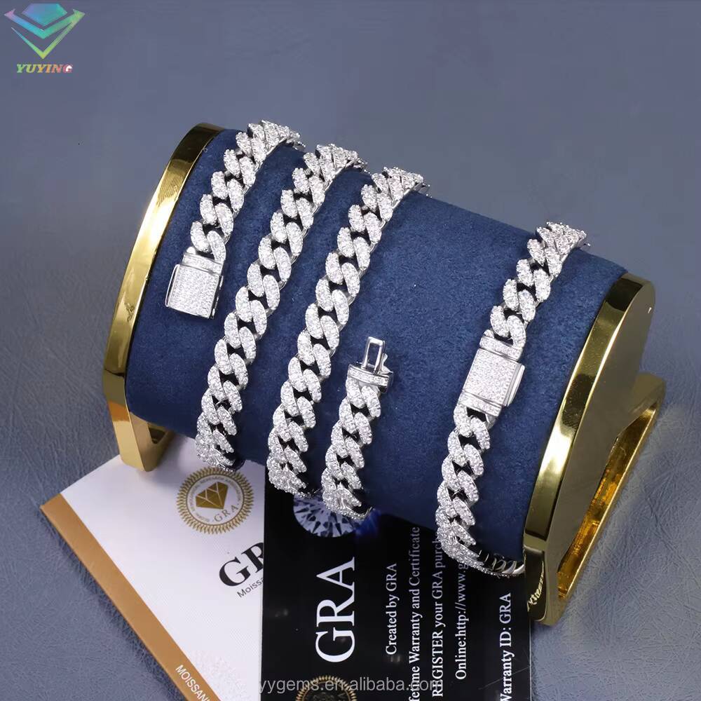 Hot Sale Real Gold Plated 6MM 8MM 10MM Single Row VVS Moissanite Diamond 925 Sterling Silver Cuban Link Chain Hip Hop Jewelry