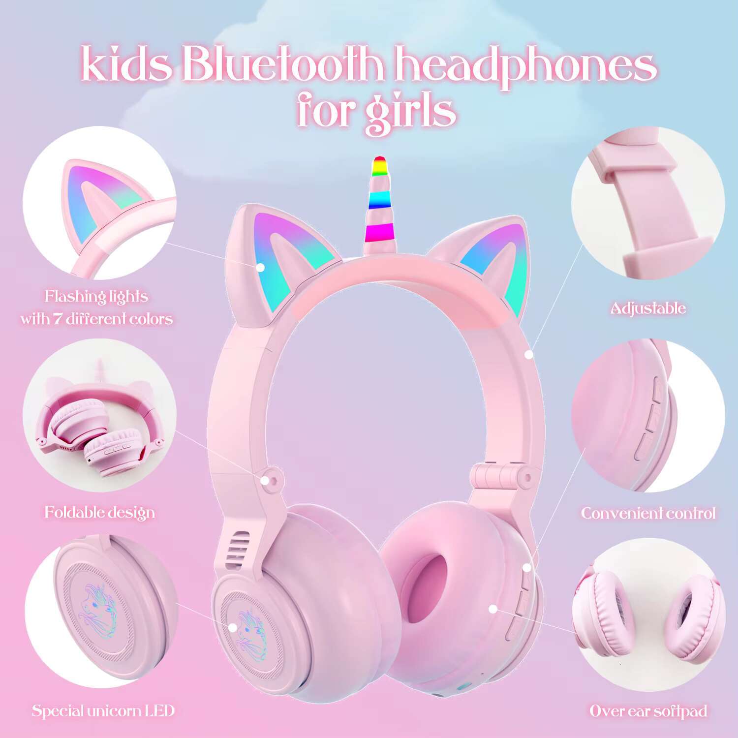 YUSONIC Cute Unicorn Wireless Bluetooth 5.3 Earphones LED Battery Flash Lamp TF Card Support Birthday Gift for Kids Girls
