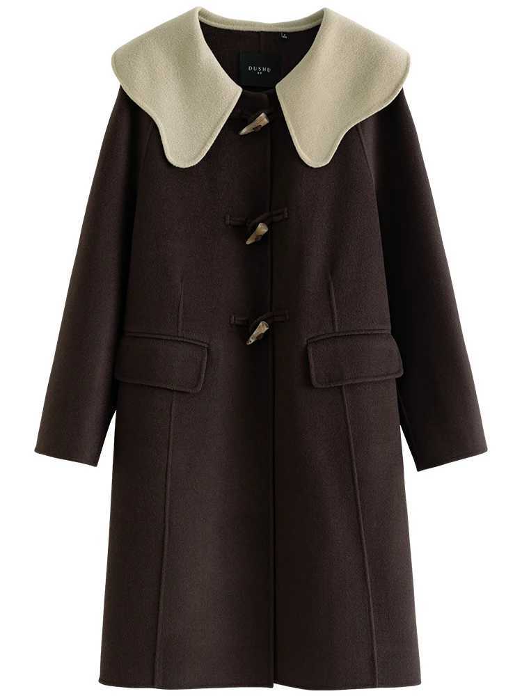 DUSHU 100 Wool Peter Pan Collar Women Horn Button Women Beige MidLength Woolen Coats Contrasting Color Design Cute Wool JacketT251101