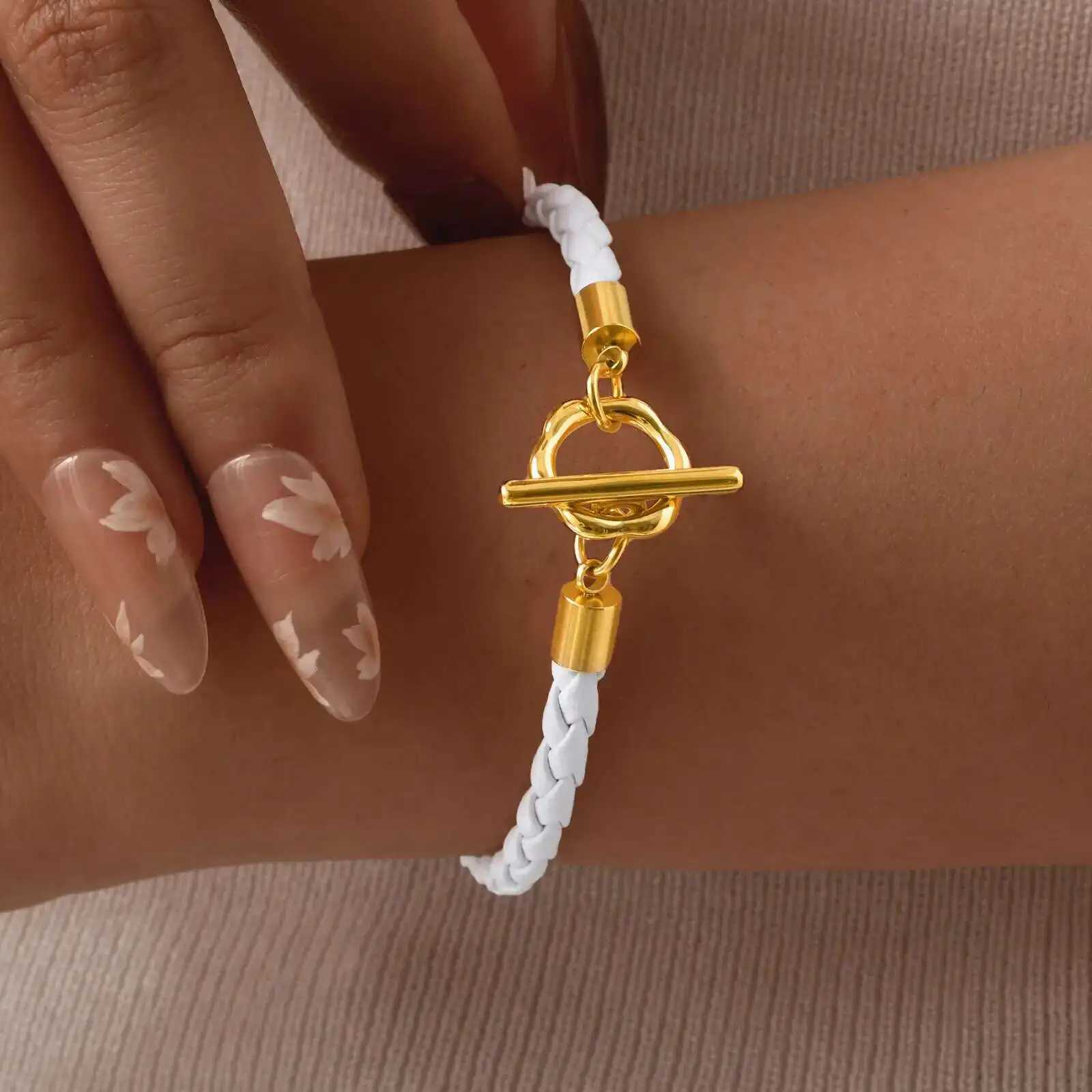 Prjewel Fashion Knitted Leather Bracelet White Rope Stainless Steel Gold OT Lock Bracelet Womens Jewelry Mothers Day Gift Y250329