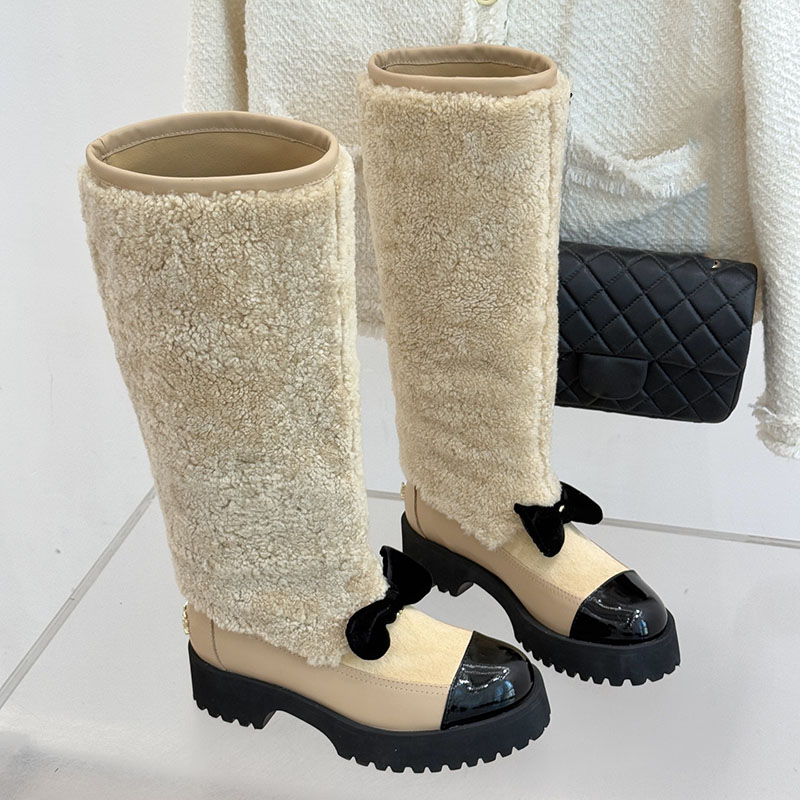 Women Knee Boots Designer Slip On Snow Boot Classci Black Cream White Outdoor Leisure Shoes With Dust Bags Knight Western Boot With Bow Rubber Sole Casual Shoes