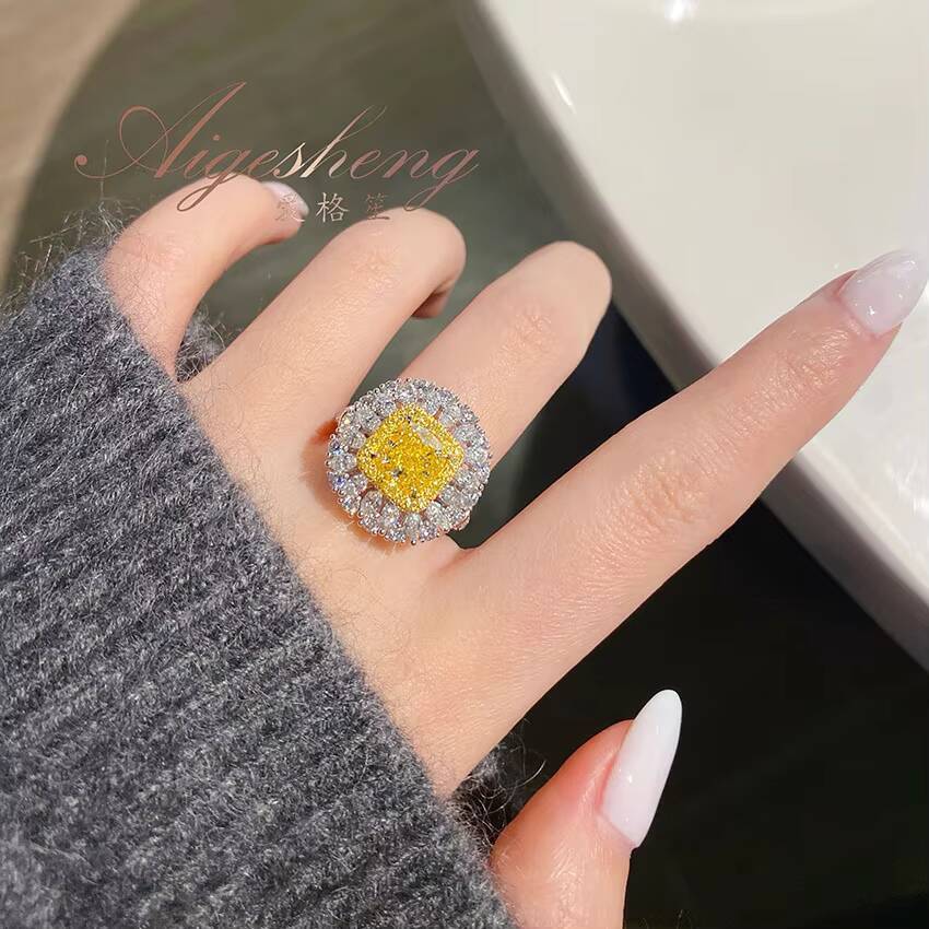 Aigesheng Jewelry 18K Real White Gold and Natural Water Drop Diamonds and Natural Yellow Diamond High Luxury Ring for Women