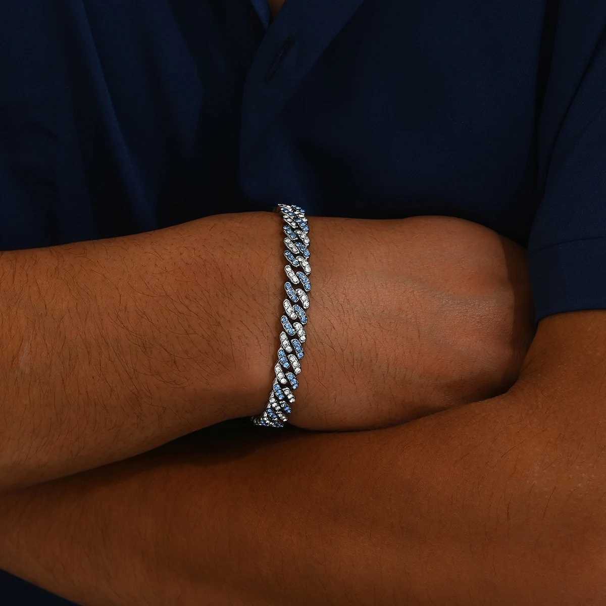 Hip Hop Cuban Bracelet Mens Full Gloss Crystal Stone Wide Two tone Bracelet Fashion Statement Jewelry Y250329