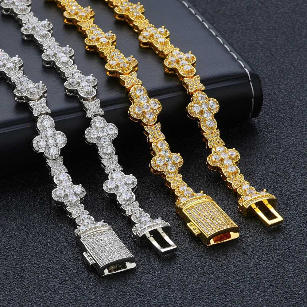 10mm Hip Hop Cross Flower Necklace Ice Zircon Tennis Chain Fashion Brand Personalized Single Row Necklace Couple Handmade Jewelry Y250329