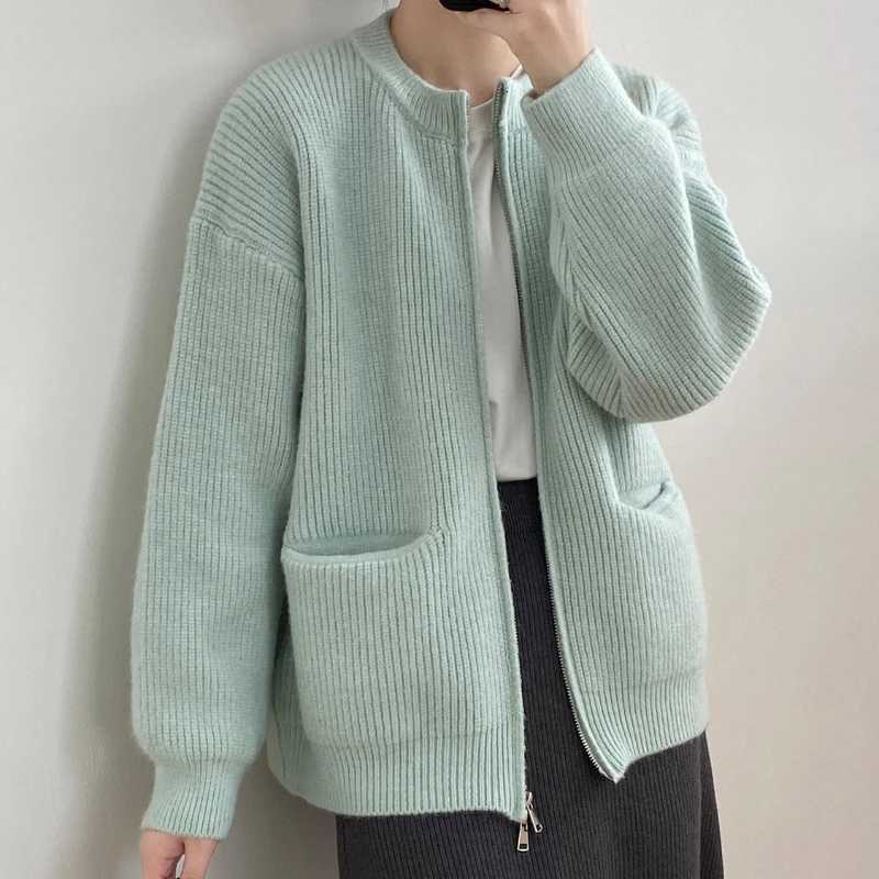 Sweater Cardigan Women Autumn Double Zipper Casual Korean Knitwear Coat Solid Color Loose Soft Long Sleeve Jackets OuterwearT251101