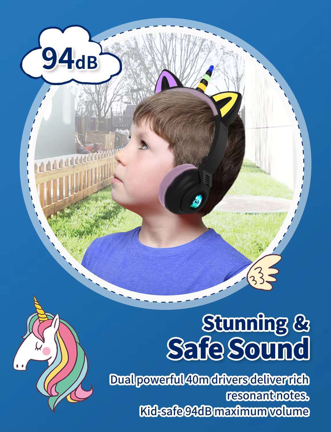 YUSONIC Cute Kitty Ear Design Unicorn Black Pink Wireless Over-Ear Headphones Girls with Ears for Mobile Phone Use