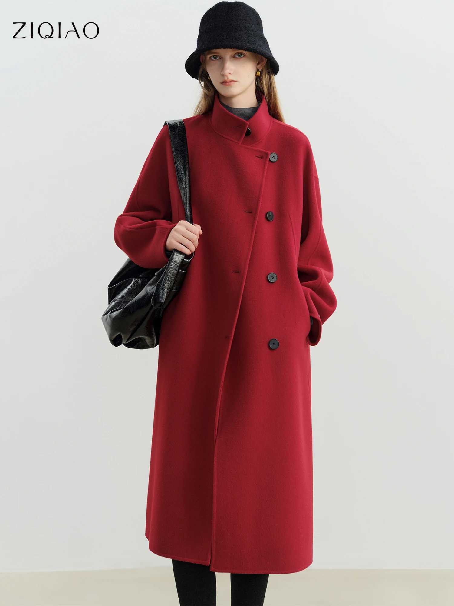 ZIQIAO New Year Red Doublefaced Woolen Coat for Women Kneelength Loose Single Breasted 2025 New Wool Coat TemperamentT251101